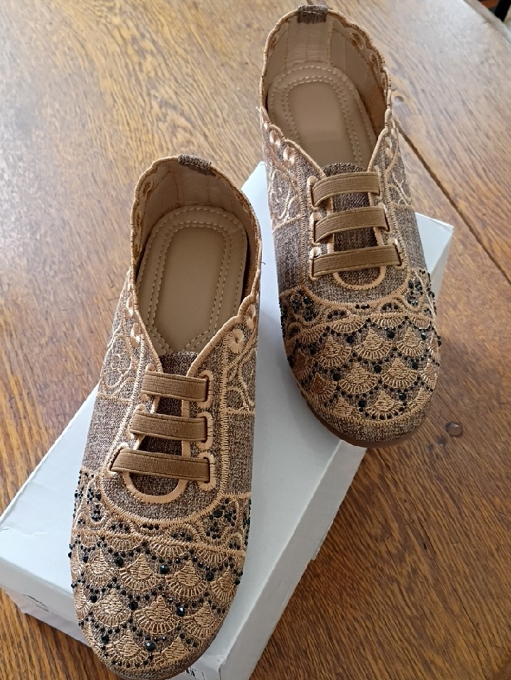 Women's Embellished Wedge Slip-On Sneakers in Tan